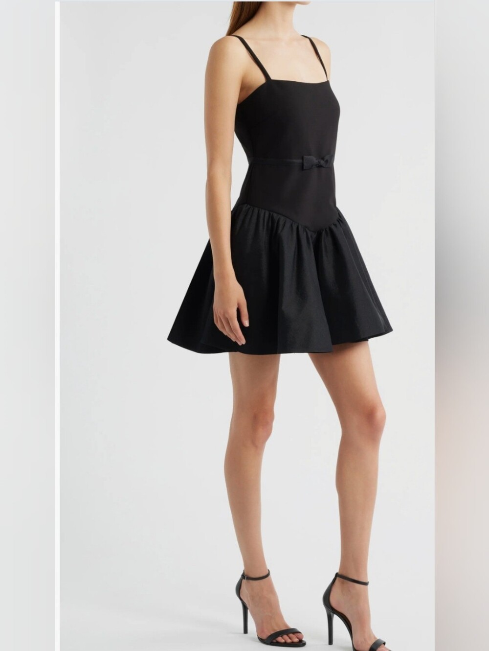 Black Spaghetti-Strap Skater Mini Dress with Bow Waist